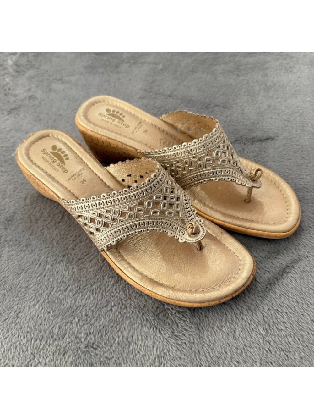 Spring Step Gold Cork Wedge Leather Sandals Womens 39 US 8.5